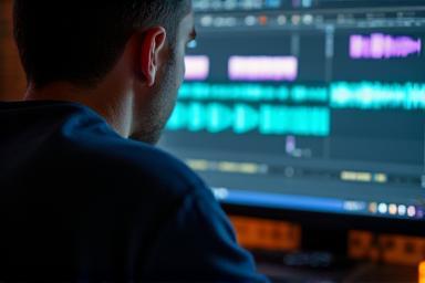 Pessoa editando efeitos sonoros para vídeo