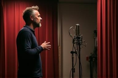 Ator de voz em uma cabine de gravação