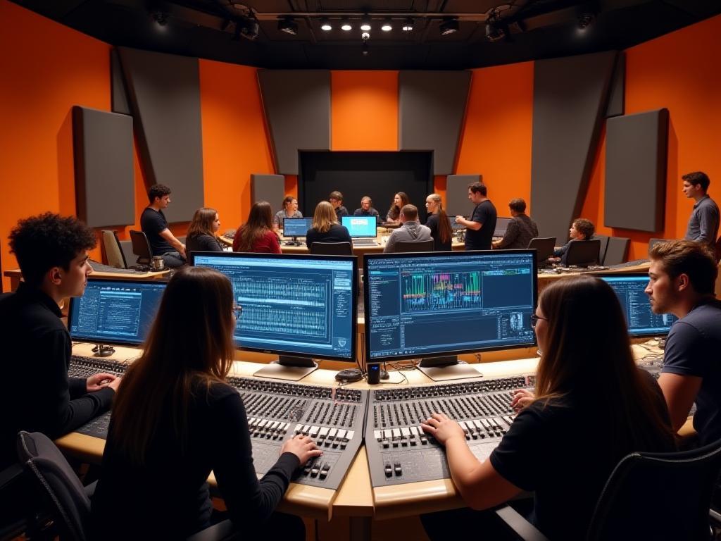 Ambiente de estúdio de áudio moderno com alunos aprendendo
